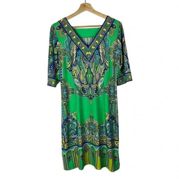 Studio One Green Kaftan Printed Half Sleeve Knee Length Shift Dress 12 - Picture 2 of 4